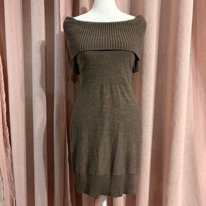 Brown Ribbed Off-Shoulder Short Sleeve Knit Dress Wool Blend